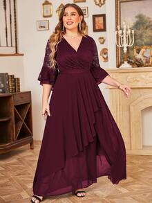 CurvySweet 大碼蕾絲拼接荷葉袖高衩雪紡洋裝 - 紫紅色 - 查看 4