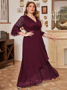 CurvySweet 大碼蕾絲拼接荷葉袖高衩雪紡洋裝 - 紫紅色 - 查看 5