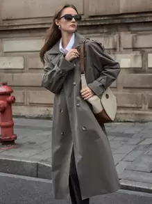 SHEIN Double Breasted Trench Coat - Grey - View 1