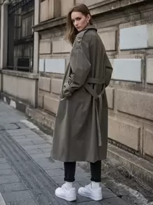 SHEIN Double Breasted Trench Coat - Grey - View 2
