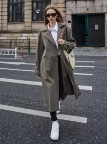 SHEIN Double Breasted Trench Coat - Grey - View 5