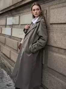 SHEIN Double Breasted Trench Coat - Grey - View 6