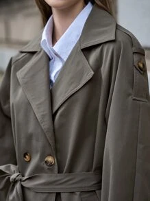 SHEIN Double Breasted Trench Coat - Grey - View 8