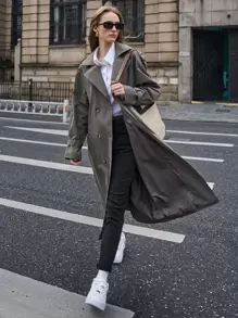 SHEIN Double Breasted Trench Coat - Grey - View 9