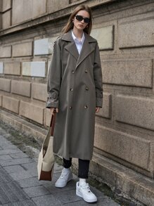 SHEIN Double Breasted Trench Coat - Grey - View 10