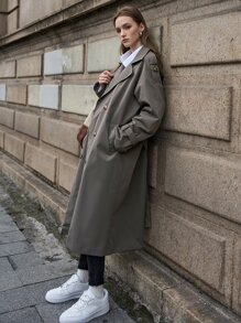 SHEIN Double Breasted Trench Coat - Grey - View 11