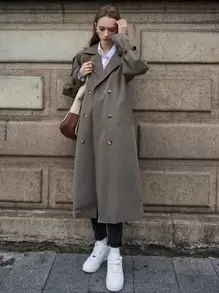 SHEIN Double Breasted Trench Coat - Grey - View 12