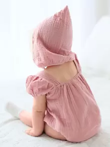 嬰兒女童對比蕾絲泡泡袖方領連體褲 - 藕粉色 - 查看 2