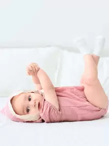 嬰兒女童對比蕾絲泡泡袖方領連體褲 - 藕粉色 - 查看 3