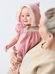 嬰兒女童對比蕾絲泡泡袖方領連體褲 - 藕粉色 - 查看 8