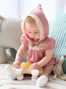 嬰兒女童對比蕾絲泡泡袖方領連體褲 - 藕粉色 - 查看 9