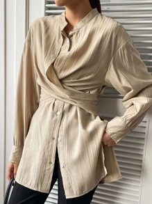 DAZY 交叉纽扣前落肩衬衫，秋装长袖上衣 - 杏色 - 查看 1