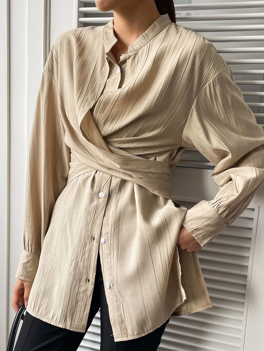 DAZY 交叉纽扣前落肩衬衫，秋装长袖上衣 - 杏色 - 查看 1