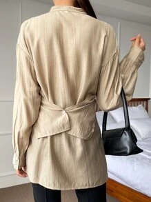 DAZY 交叉纽扣前落肩衬衫，秋装长袖上衣 - 杏色 - 查看 2