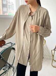 DAZY 交叉纽扣前落肩衬衫，秋装长袖上衣 - 杏色 - 查看 4