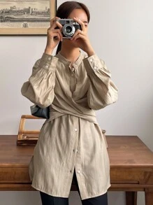 DAZY 交叉纽扣前落肩衬衫，秋装长袖上衣 - 杏色 - 查看 5