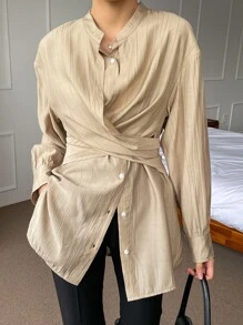 DAZY 交叉纽扣前落肩衬衫，秋装长袖上衣 - 杏色 - 查看 7