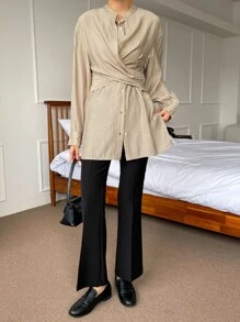 DAZY 交叉纽扣前落肩衬衫，秋装长袖上衣 - 杏色 - 查看 8