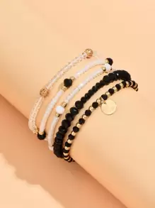 5 件/套时尚百搭米珠链圆盘吊坠堆叠手链女士日常配饰