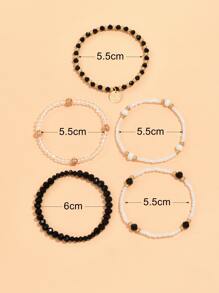 5 件/套时尚百搭米珠链圆盘吊坠堆叠手链女士日常配饰