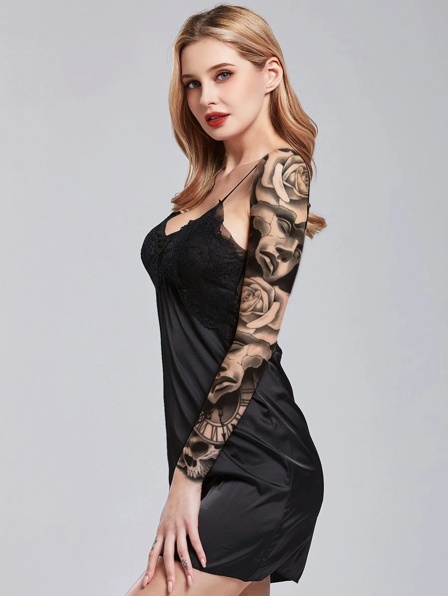 Tattoo Sticker,1 Sheet Rose & Figure Graphic Temporary Tattoos For Women,Tattoo Stickers Adults,Realistic Tattoo Flower, Rose ,For Women and Girls - Black - View 1