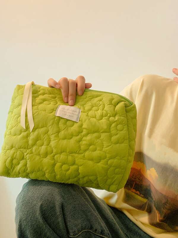 1pc Quilting Soft Women Green Flower Makeup Bag Travel Large Soft
