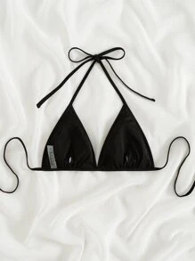 SHEIN Swim Summer Beach Sparkly Glitter Halter Triangle Bikini Top - Black - View 2