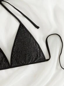 SHEIN Swim Summer Beach Sparkly Glitter Halter Triangle Bikini Top - Black - View 3