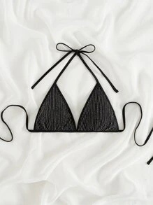 SHEIN Swim Summer Beach Sparkly Glitter Halter Triangle Bikini Top - Black - View 5