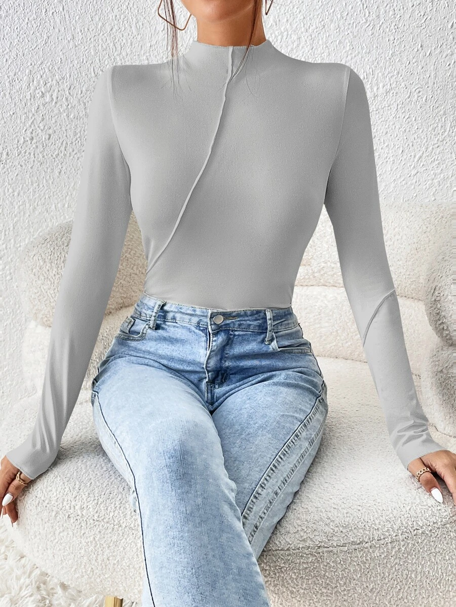 SHEIN Essnce Áo thun nữ màu trơn Giải trí - Màu Xám nhạt - Xem 1