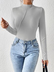 SHEIN Essnce Áo thun nữ màu trơn Giải trí - Màu Xám nhạt - Xem 3