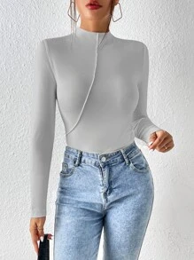 SHEIN Essnce Áo thun nữ màu trơn Giải trí - Màu Xám nhạt - Xem 4