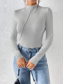 SHEIN Essnce Áo thun nữ màu trơn Giải trí - Màu Xám nhạt - Xem 5