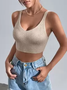 SHEIN Essnce Top de tirantes crop unicolor tejido de canalé - Albaricoque - Ver 3