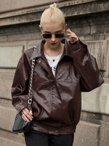 SHEIN Drop Shoulder PU Leather Zip Up Jacket - Chocolate Brown - View 5