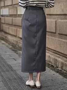 SHEIN 高腰開叉細節後拉鍊半身裙 - 深灰色 - 查看 2