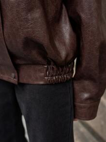 SHEIN Drop Shoulder PU Leather Zip Up Jacket - Chocolate Brown - View 6