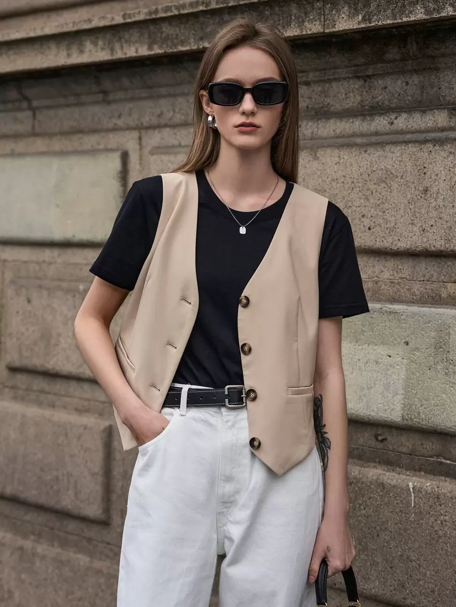 DAZY 纯色纽扣前襟马甲西装外套（不含T恤），秋季商务正装 - 卡其色 - 查看 1