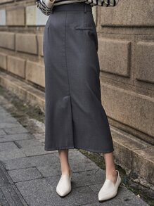 SHEIN 高腰開叉細節後拉鍊半身裙 - 深灰色 - 查看 3