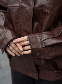 SHEIN Drop Shoulder PU Leather Zip Up Jacket - Chocolate Brown - View 9