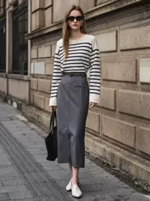 SHEIN 高腰開叉細節後拉鍊半身裙 - 深灰色 - 查看 4