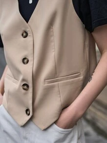 DAZY 纯色纽扣前襟马甲西装外套（不含T恤），秋季商务正装 - 卡其色 - 查看 3