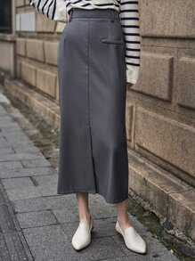 SHEIN 高腰開叉細節後拉鍊半身裙 - 深灰色 - 查看 6