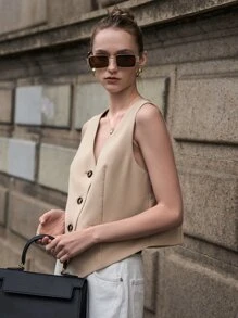 DAZY 纯色纽扣前襟马甲西装外套（不含T恤），秋季商务正装 - 卡其色 - 查看 4