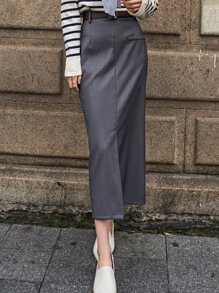 SHEIN 高腰開叉細節後拉鍊半身裙 - 深灰色 - 查看 7