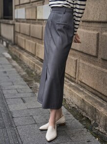 SHEIN 高腰開叉細節後拉鍊半身裙 - 深灰色 - 查看 8