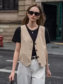 DAZY 纯色纽扣前襟马甲西装外套（不含T恤），秋季商务正装 - 卡其色 - 查看 6