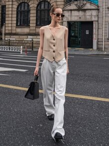 DAZY 纯色纽扣前襟马甲西装外套（不含T恤），秋季商务正装 - 卡其色 - 查看 7