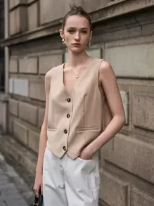 DAZY 纯色纽扣前襟马甲西装外套（不含T恤），秋季商务正装 - 卡其色 - 查看 8