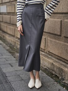 SHEIN 高腰開叉細節後拉鍊半身裙 - 深灰色 - 查看 11